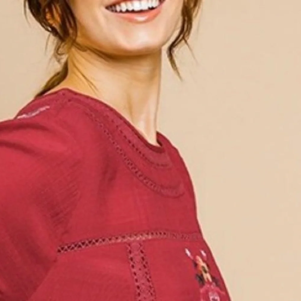 Umgee Boho Embroidered Burgundy Lace Shift Dress Spring Brunch Vacation  Size S - Picture 7 of 12